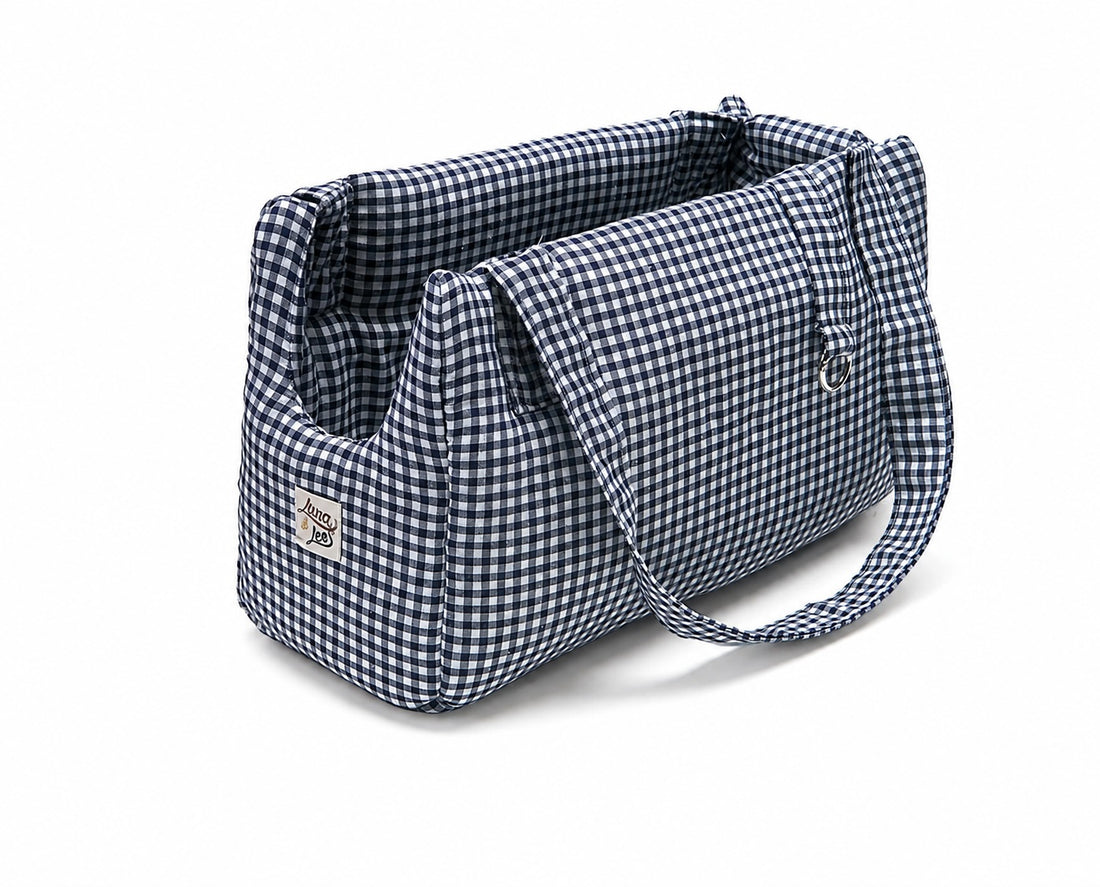 Borsa trasportino per cani in cotone Vichy Blu Navy Made in Italy Leo & Luna